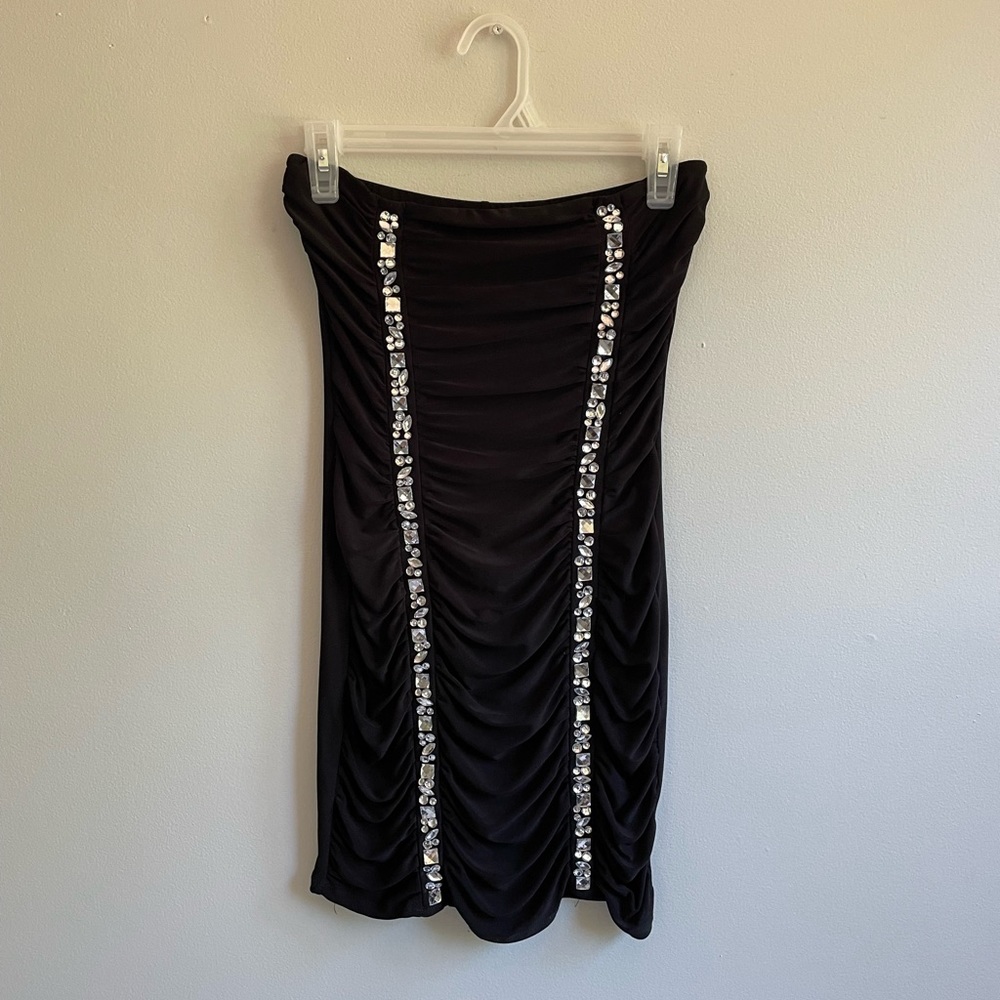TABOO BLACK STRAPLESS DRESS CLEAR BEADWORK FRONT SHIRRING STRETCH - Picture 3 of 9